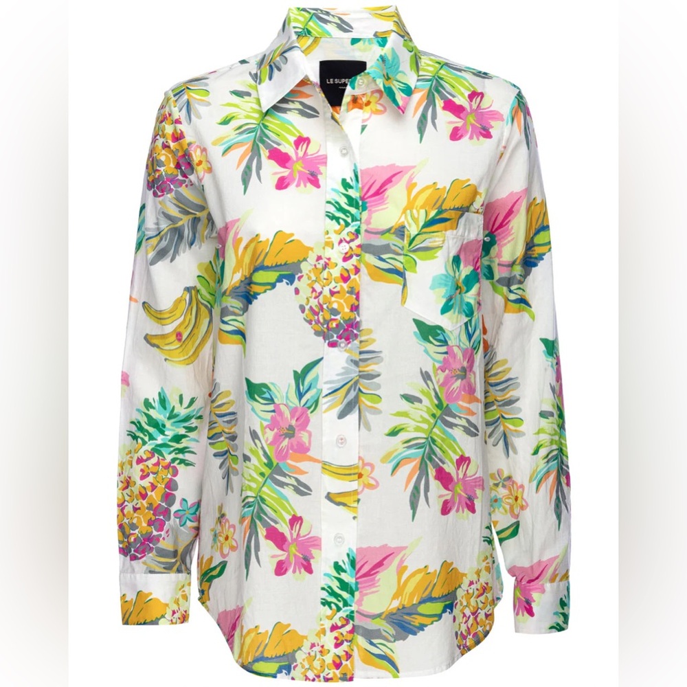 LE SUPERBE Tropi Cali Fruit Salad Ex-Boyfriend Long Sleeve Shirt Women’s, Size 6